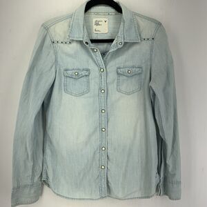Y2K American Eagle Women 12 Pearl Snap Denim Chambray Shirt Cowgirl Western Boho